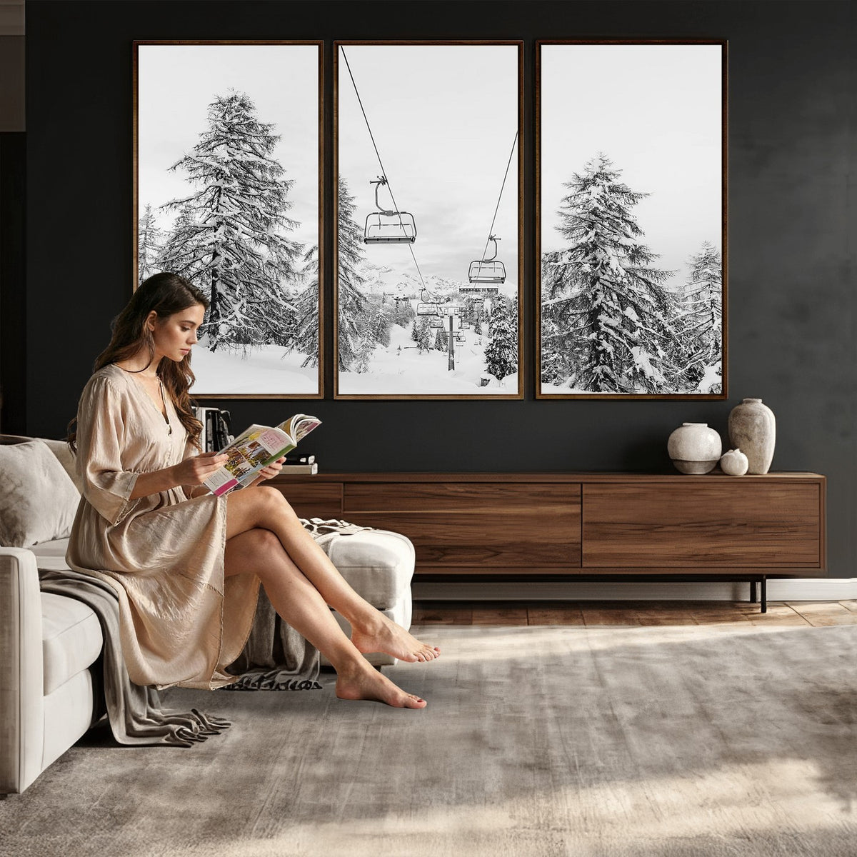 55003599D-MGV-CV-24X16 - Ski Lift Wall Art | Framed Snowy Mountain Canvas Artwork