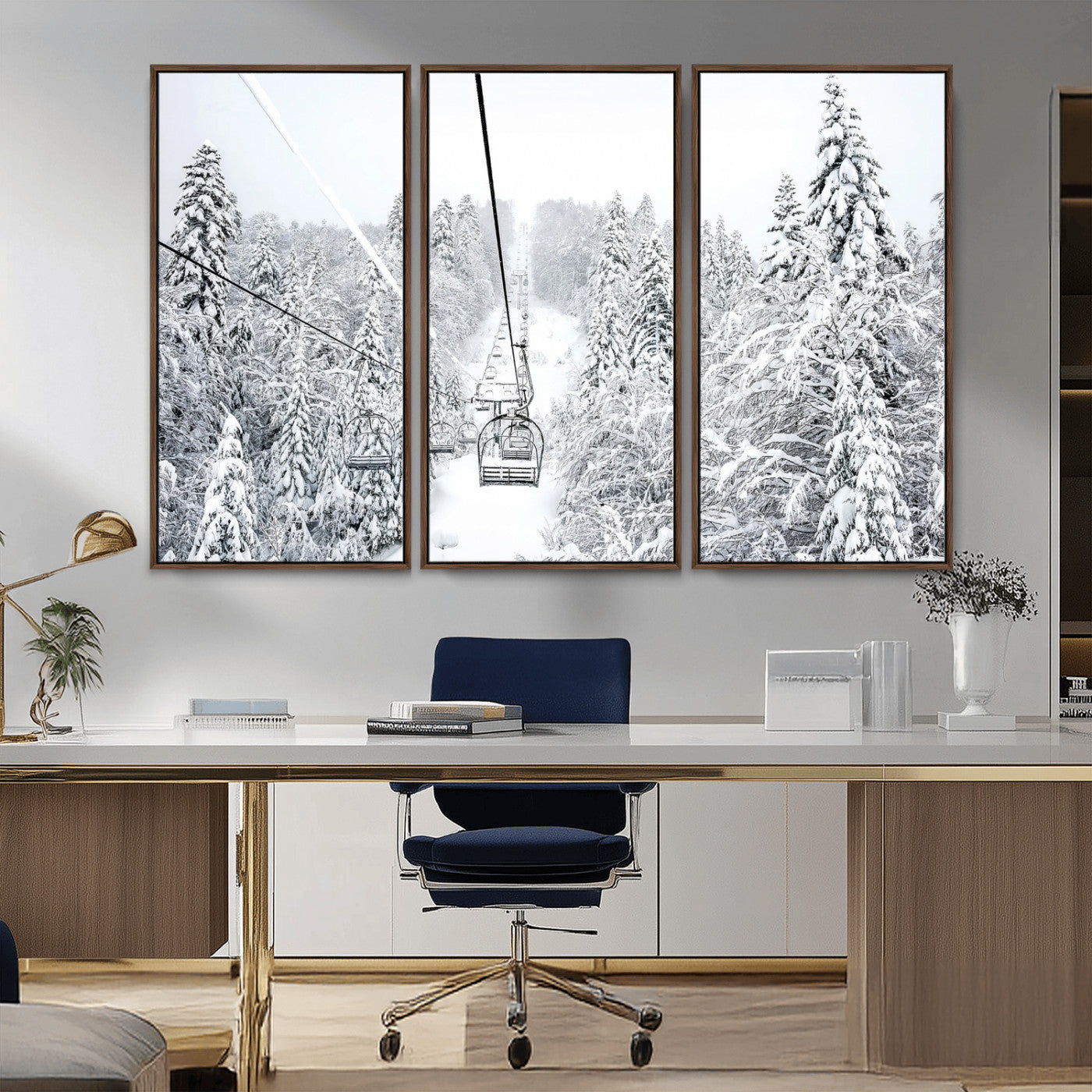 MGV-FC-48X32-3P - Snowy Mountains Wall Art Canvas Print, Framed Ski Lift Art Picture Print, Winter Forest Perfect