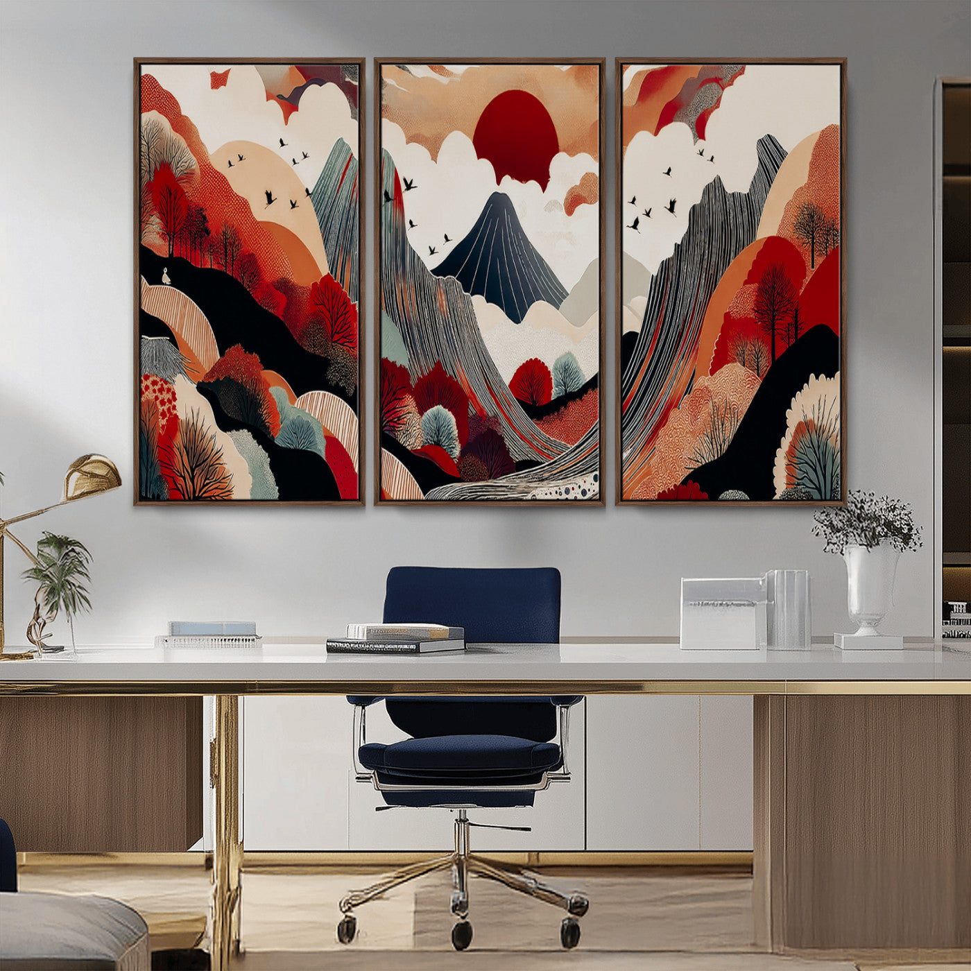 Abstract nature illustration with a red sun, mountains, and vibrant landscapes in graphic style, perfect for contemporary minimalist home decor. Ideal for modern spaces.