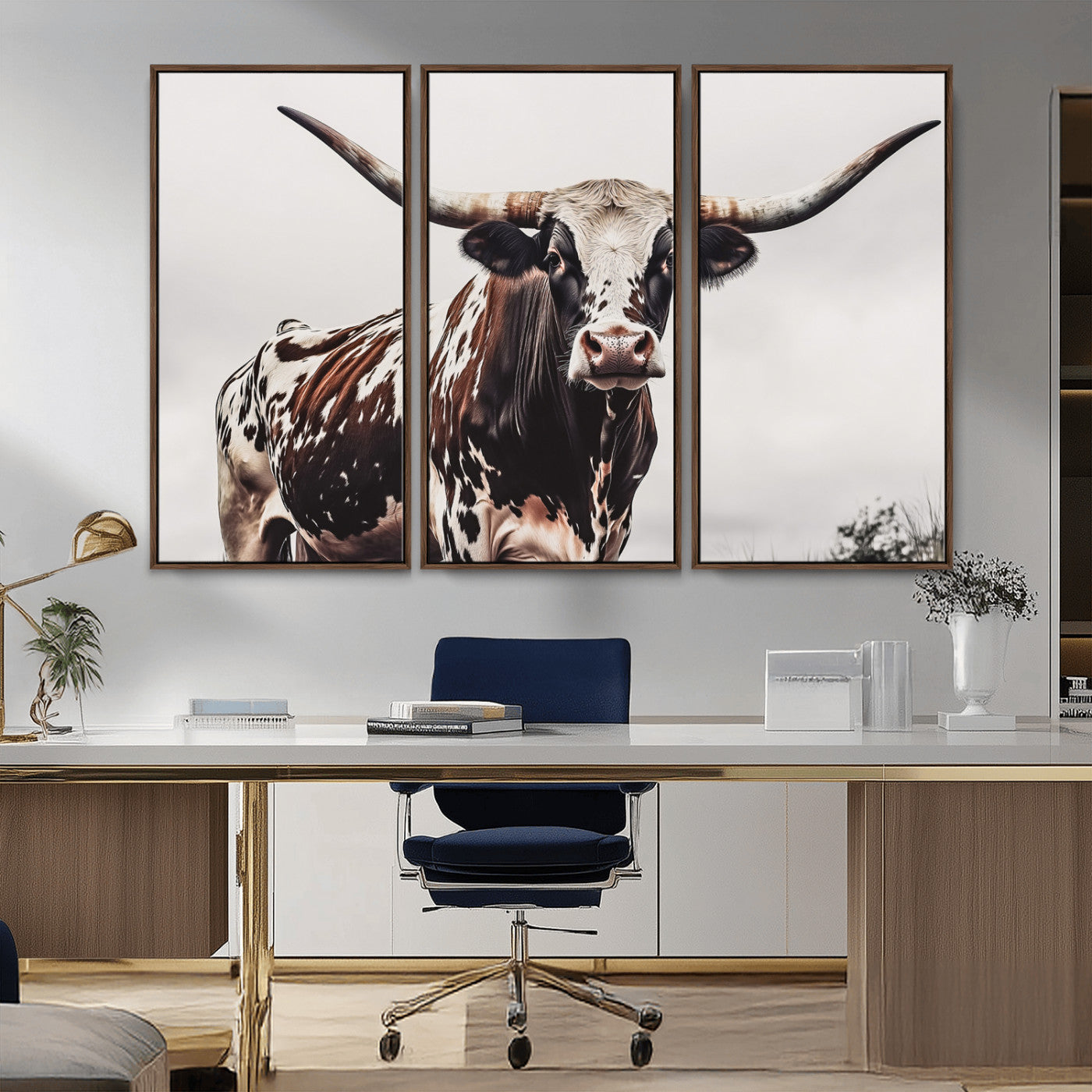 Close-up of a Texas Longhorn bull with powerful horns, perfect for rustic farmhouse or country-themed home decor. Ideal for animal lovers.
