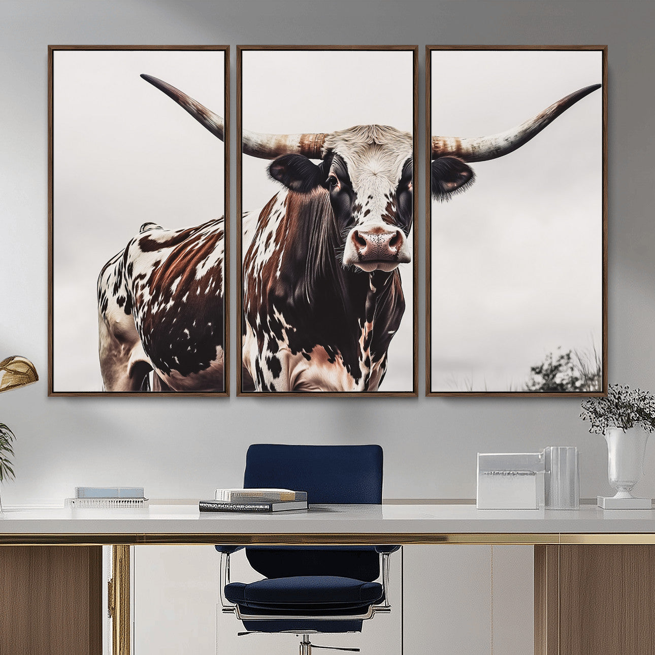 95249234-MGV-CV-36X24-Texas Longhorn Wall Art Canvas Print – Framed Spotted Bull Scene with Horned Cattle Artwork for Home, Office
