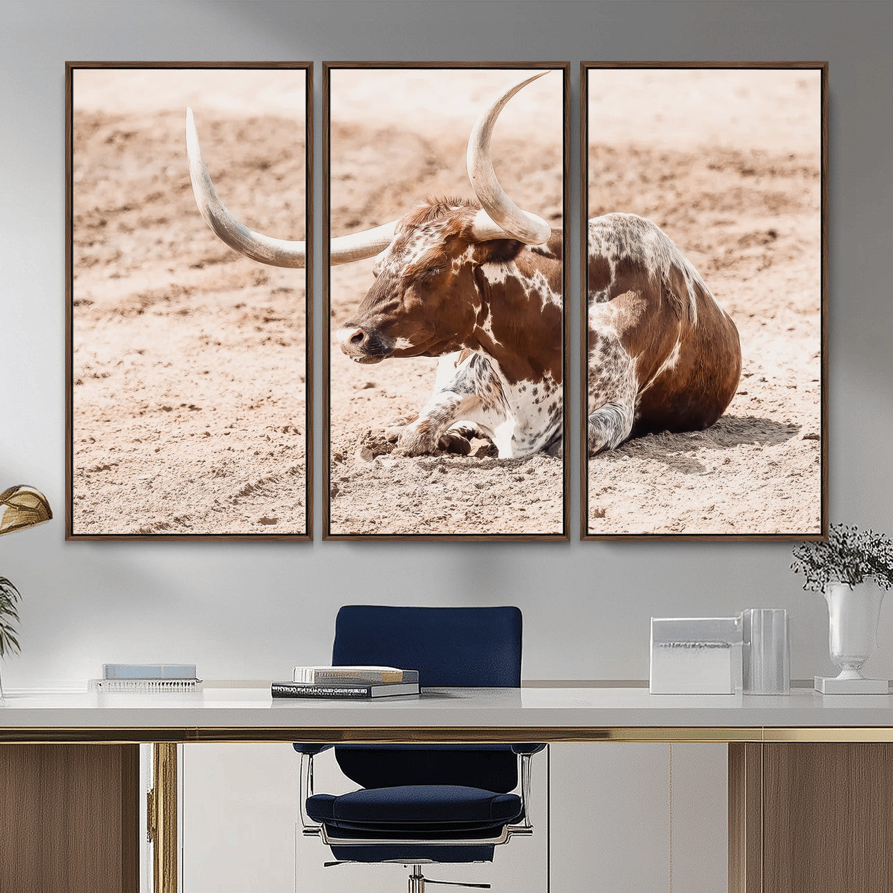 MGV-FC-48X32-3P - Texas Longhorn Wall Art Canvas Print, Framed Resting Bull Art Picture Print, Spotted Cattle Perfect Rustic Western Decor Artwork