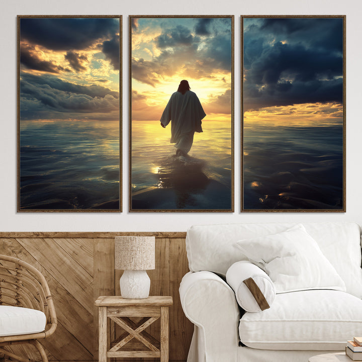 Jesus Walks Wall Art Canvas Print, Framed Divine Sunset Art Picture Print, Spiritual Light Perfect Spiritual Tranquil Decor Artwork