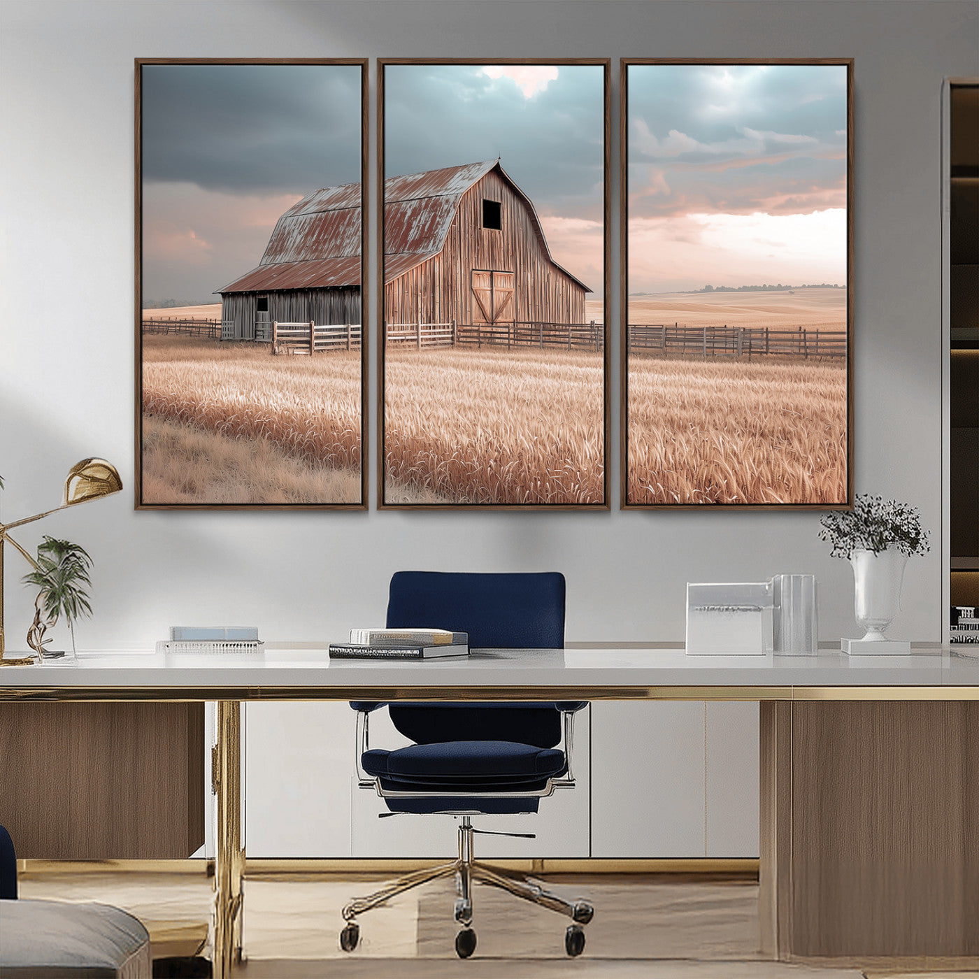 MGV-FC-48X32-3P - Rustic Barn Wall Art Canvas Print, Framed Wheat Field Art Picture Print, Sunset Barn Perfect Vintage Farmhouse Decor Artwork