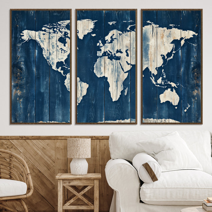 World Map Wall Art Canvas Print, Rustic Map Print, Framed Wooden World Map Art Print, Large Antique Map Decor Printing Perfect for Vintage Decor