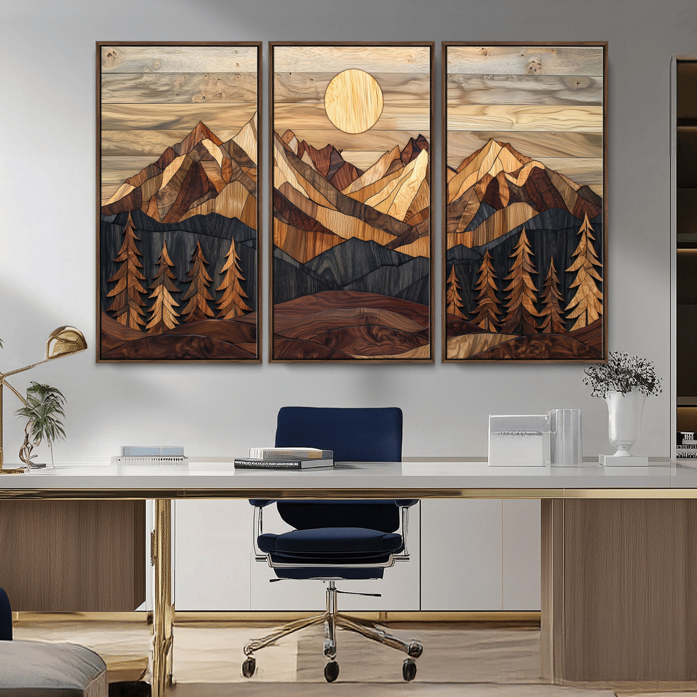 MGV-FC-48X32-3P - Wood Mountain Landscape Wall Art Canvas Print, Framed Sunset Hills Art Picture Print, Abstract Nature Perfect Boho Decor Artwork