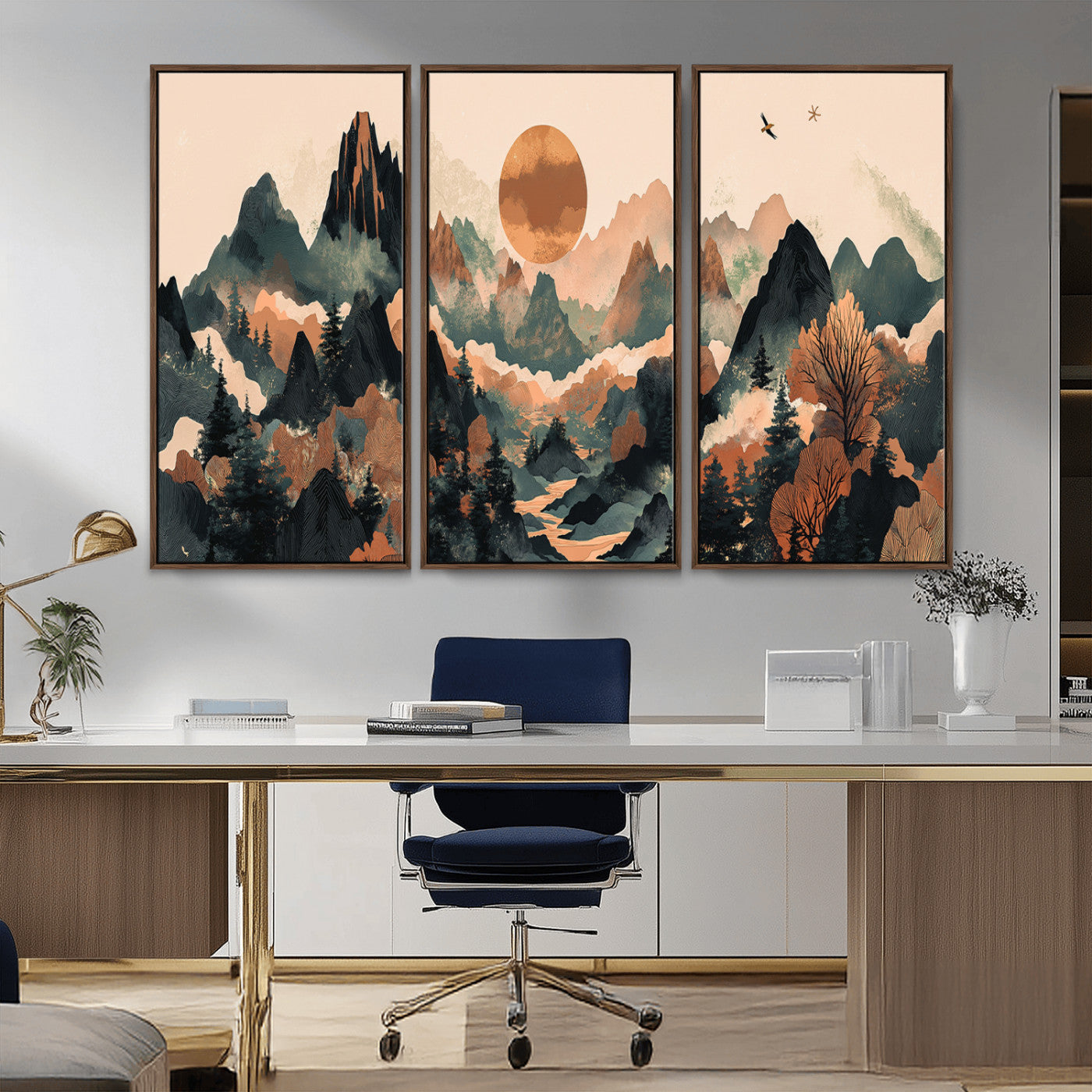 MGV-FC-48X32-3P - Wood Mountain Landscape Wall Art Canvas Print, Framed Sunset Hills Art Picture Print, Abstract Nature Perfect Boho Decor Artwork