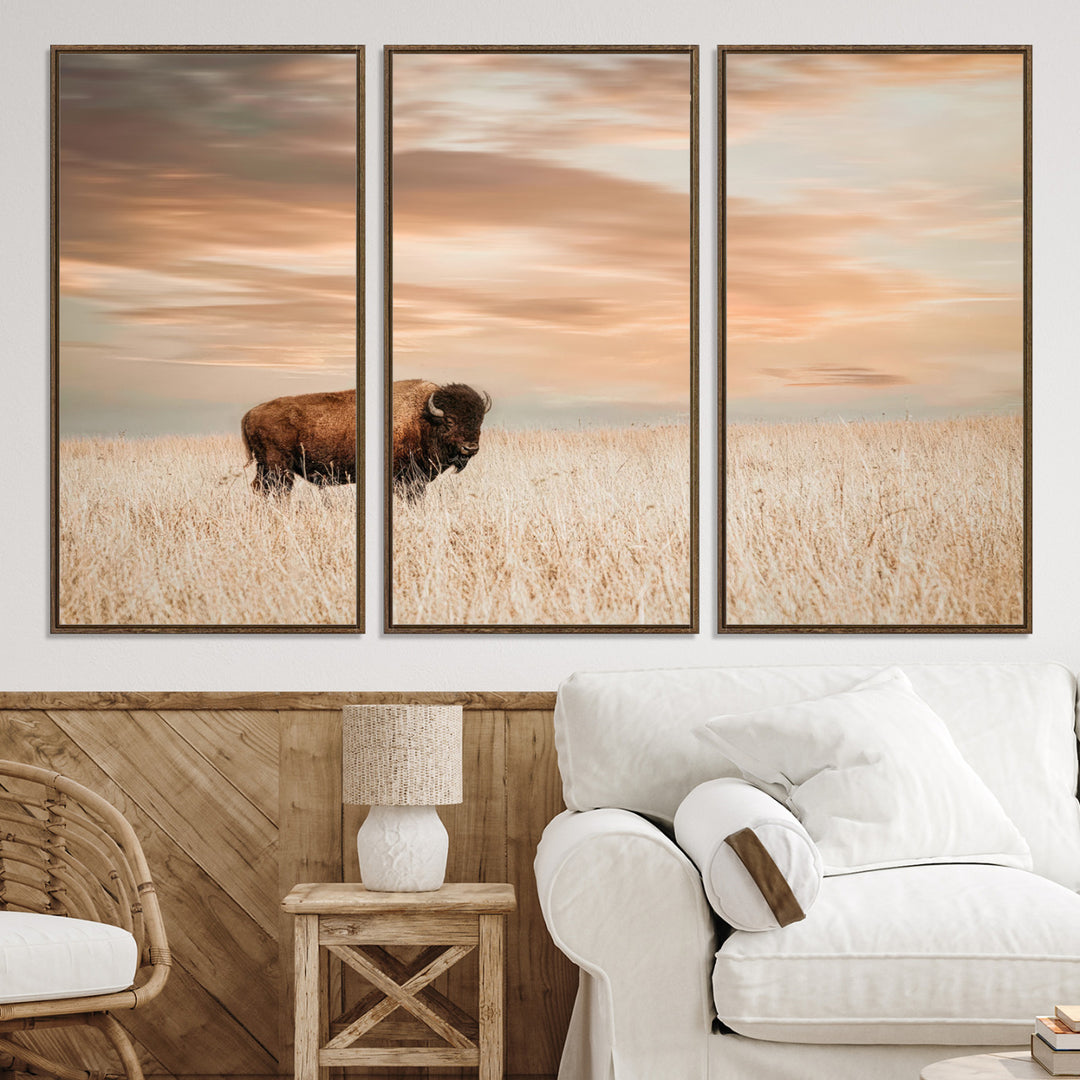 Bison Wall Art Canvas Print, Buffalo Print, Framed Western Prairie Art Print, Large Rustic Wildlife Printing Perfect for Rustic Decor