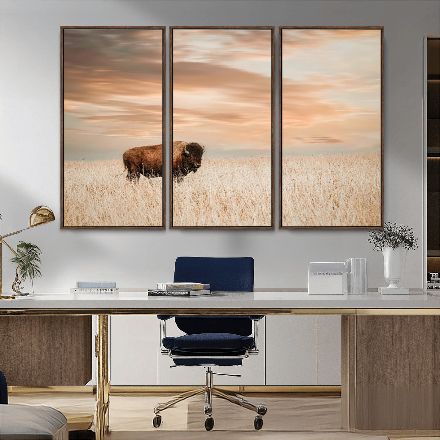MGV-FC-48X32-3P - Bison Wall Art Canvas Print, Framed Buffalo Art Picture Print, Western Prairie Perfect Rustic Decor Artwork