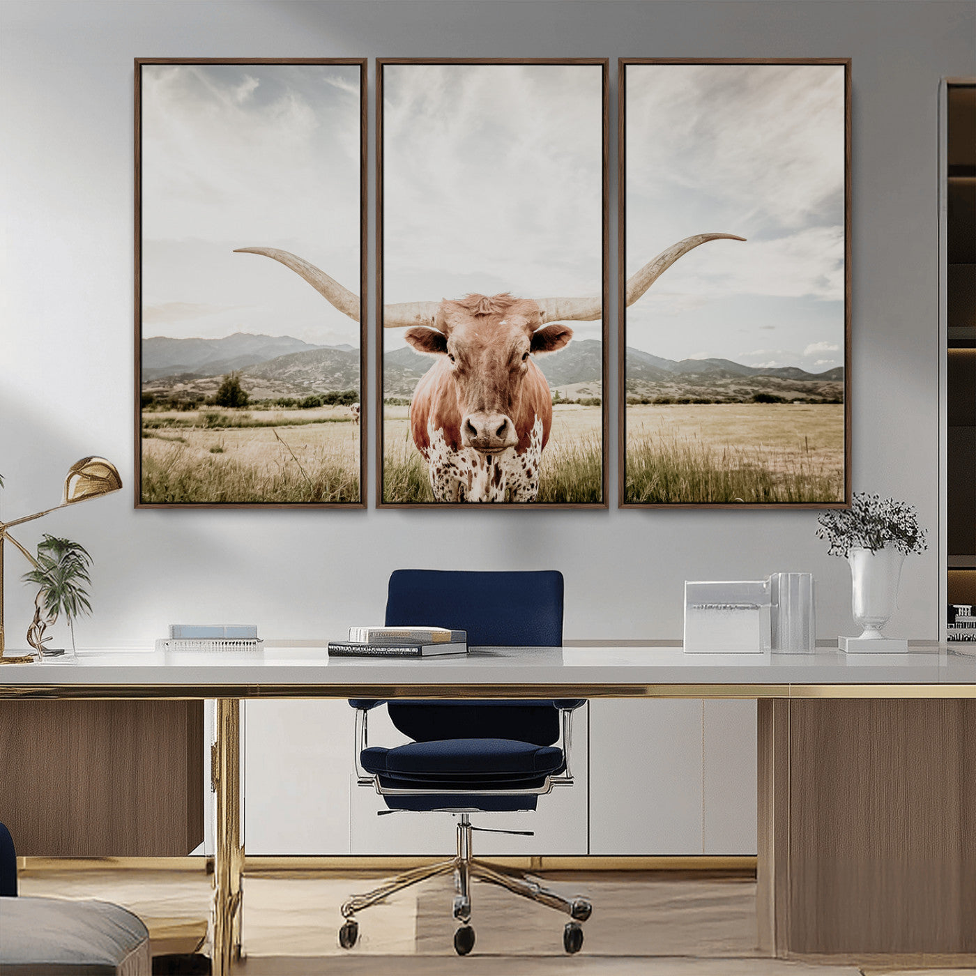 MGV-FC-48X32-3P - Texas Longhorn Wall Art Canvas Print, Framed Western Cow Art Picture Print, Rustic Farmhouse Perfect Farmhouse Decor Artwork