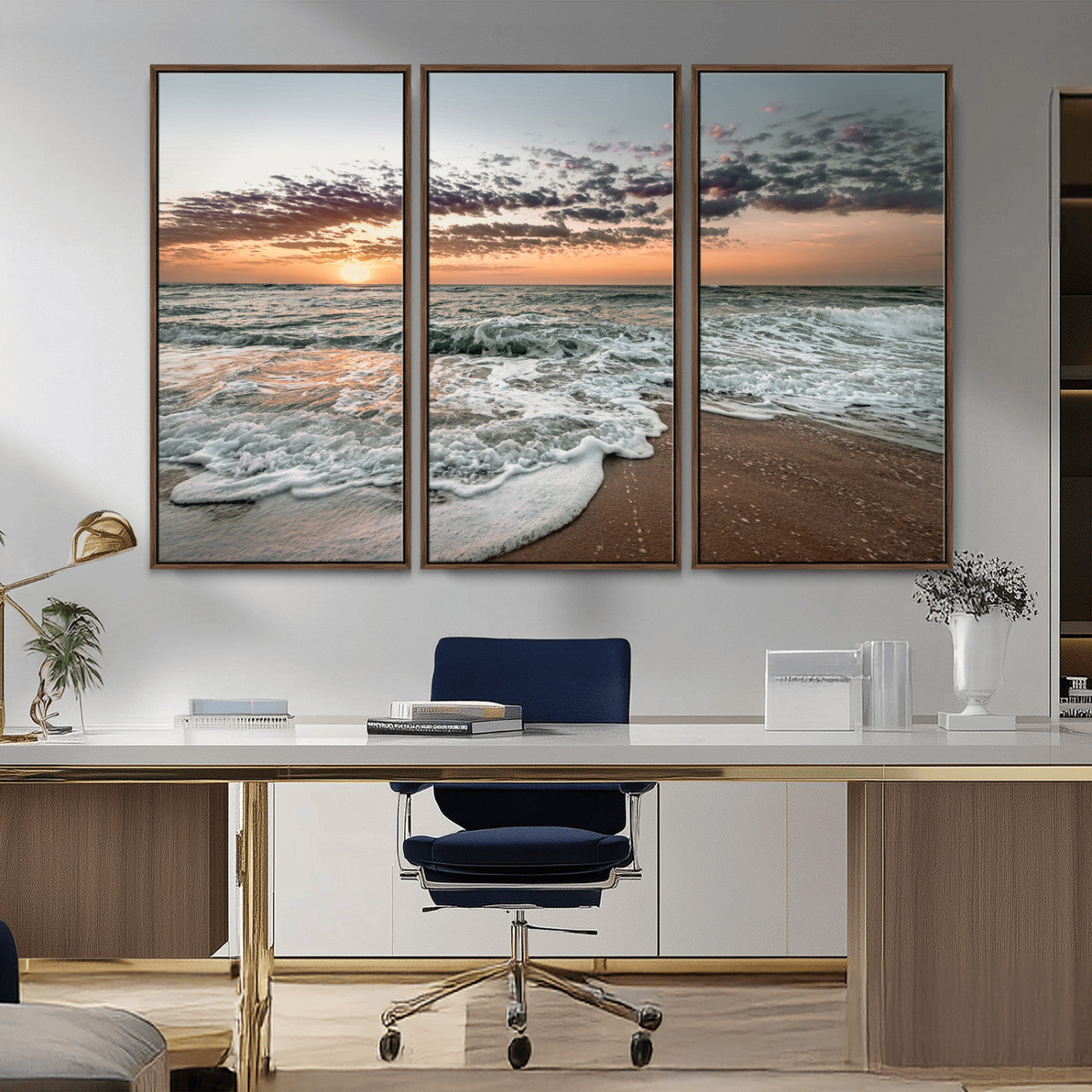 MGV-FC-48X32-3P - Ocean Sunset Wall Art Canvas Print, Framed Beach Waves Art Picture Print, Coastal Scene Perfect Coastal Decor Artwork