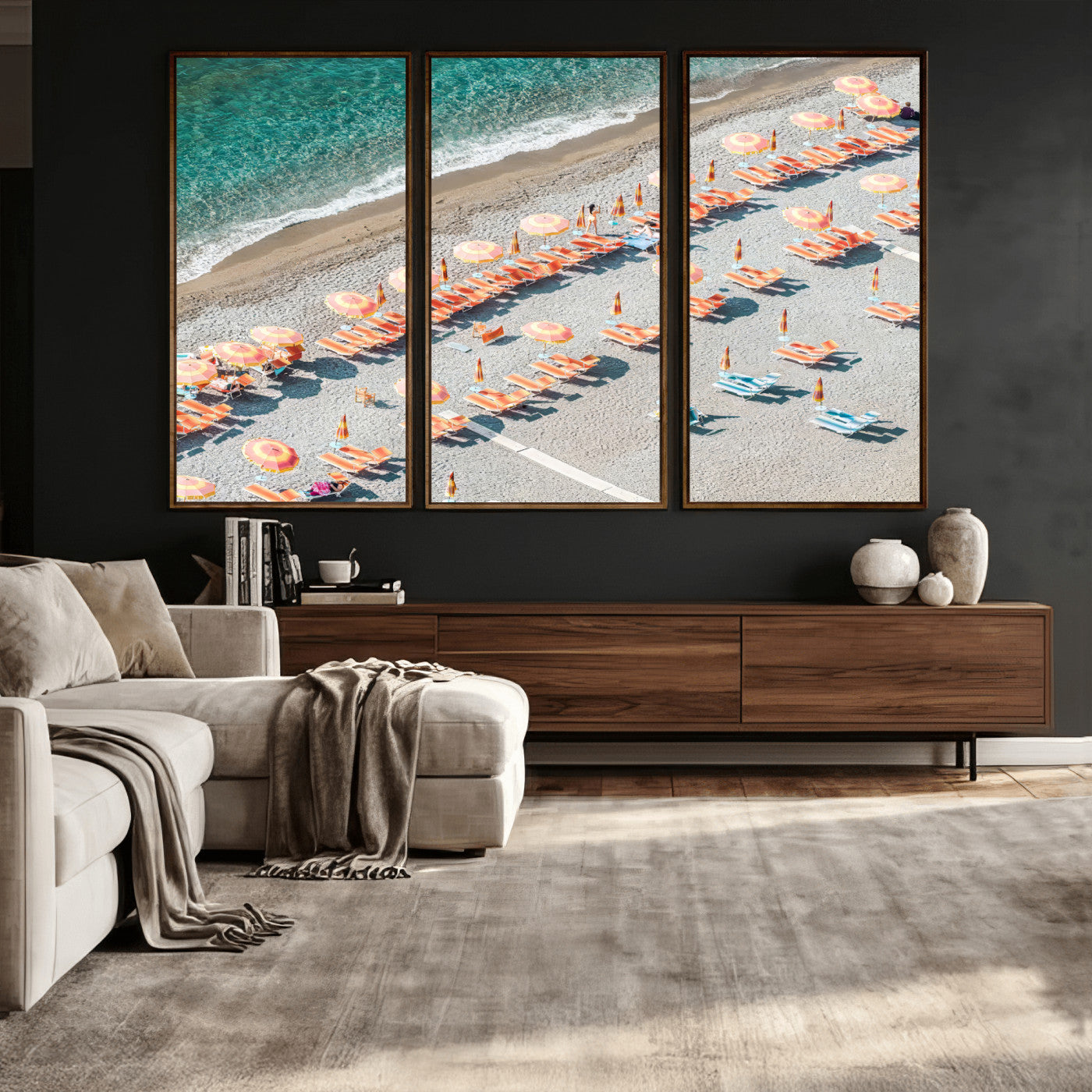 27805351-MGV-CV-36X24 - Beach Umbrellas Wall Art – Orange Loungers & Turquoise Water Canvas Print, Sandy Shore and Summer Vibes