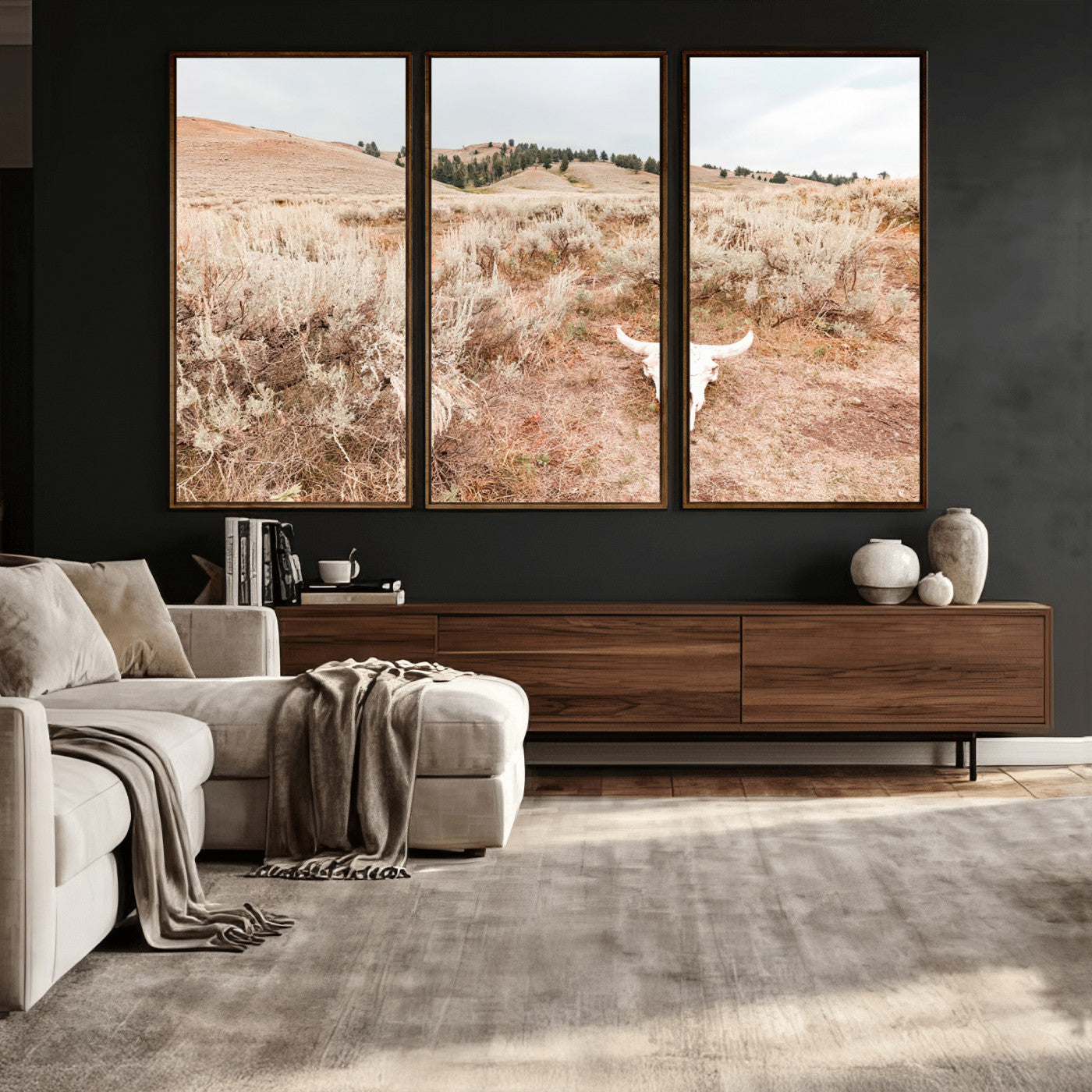 97234735-MGV-CV-36X24 - Desert Skull Wall Art – Arid Landscape & Sagebrush Canvas Print, Rustic Nature and Earth Tones for Living Room or Minimalist Decor