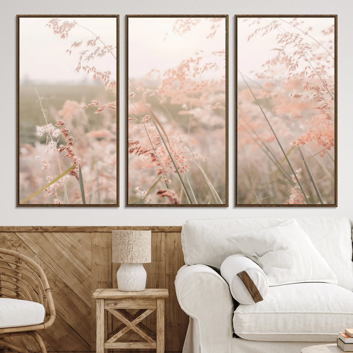Pastel Grasses Wall Art Canvas Print, Soft Meadow Print, Framed Field in Breeze Art Print, Large Pink Meadow Printing Soft Pastel