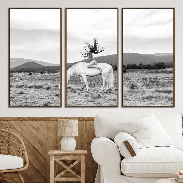 White Horse Wall Art Canvas Print, Woman Rider Print, Framed Equestrian Pose Art Print, Large Grazing Horse Printing Western Boho