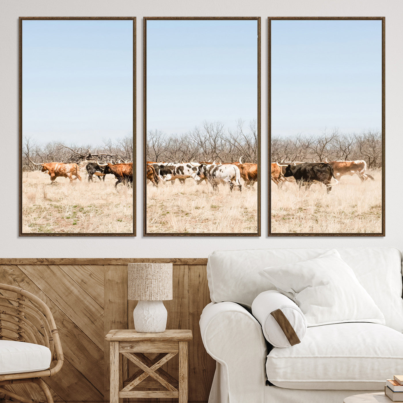 16563092-MGV-CV-36X24-Texas Longhorns Wall Art Canvas Print, Western Cattles Print Wall Art, Framed Rustic Herd Art Print, Large Country Cows Printing Rustic