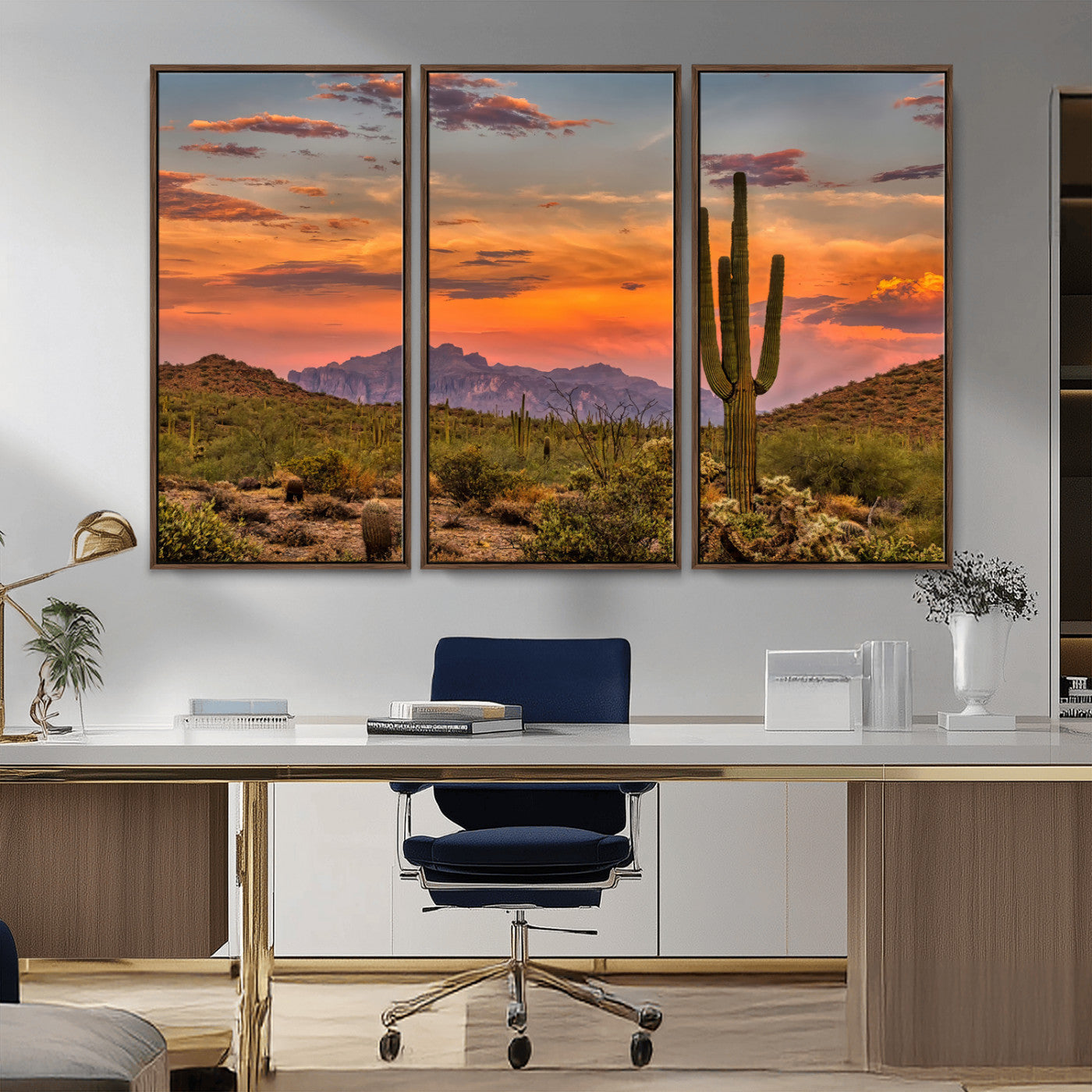 MGV-FC-48X32-3P - Saguaro Cactus Wall Art Canvas Print, Framed Arizona Sunset Art Picture Print, Sonoran Desert Perfect Southwestern Boho Decor Artwork