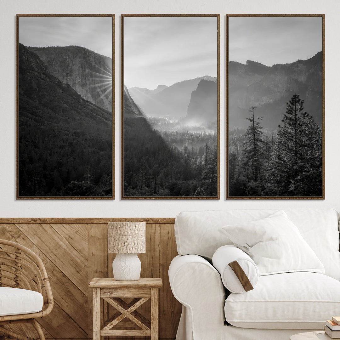 Yosemite Valley Wall Art Canvas Print, El Capitan Sunrise Print, Framed Misty Mountain Art Print, Large Monochrome Valley Printing