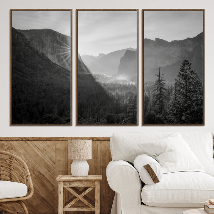 Yosemite Valley Wall Art Canvas Print, El Capitan Sunrise Print, Framed Misty Mountain Art Print, Large Monochrome Valley Printing