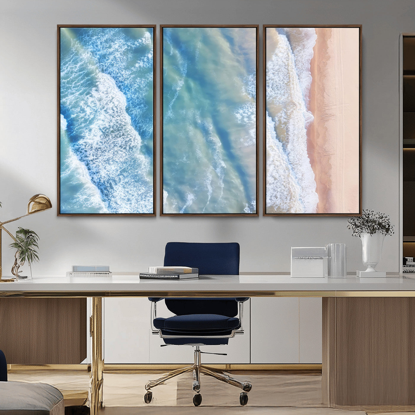 MGV-FC-48X32-3P - Aerial Ocean View Wall Art Canvas Print, Framed Soft Blue Waves Art Picture Print, Sandy Shoreline Perfect Modern Coastal Decor Artwork