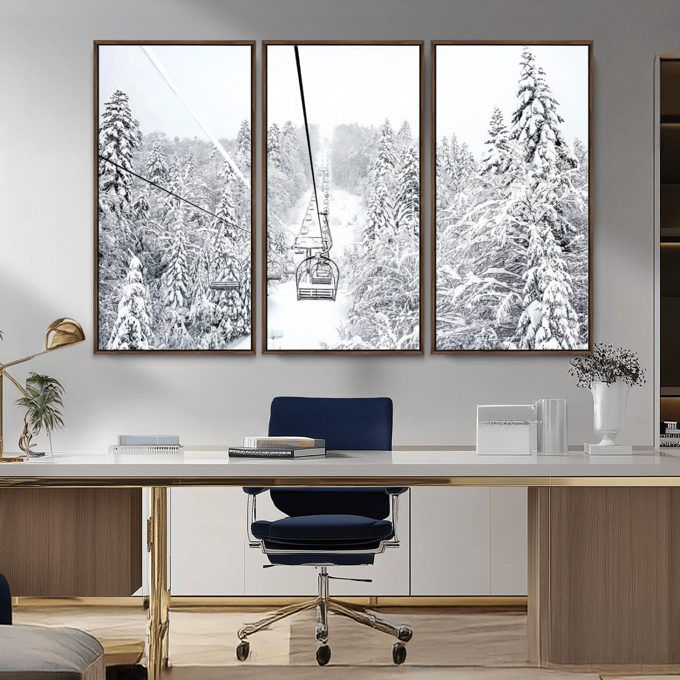 MGV-FC-48X32-3P - Winter Snow Ski Lift Wall Art Canvas Print Winter Trees Print
