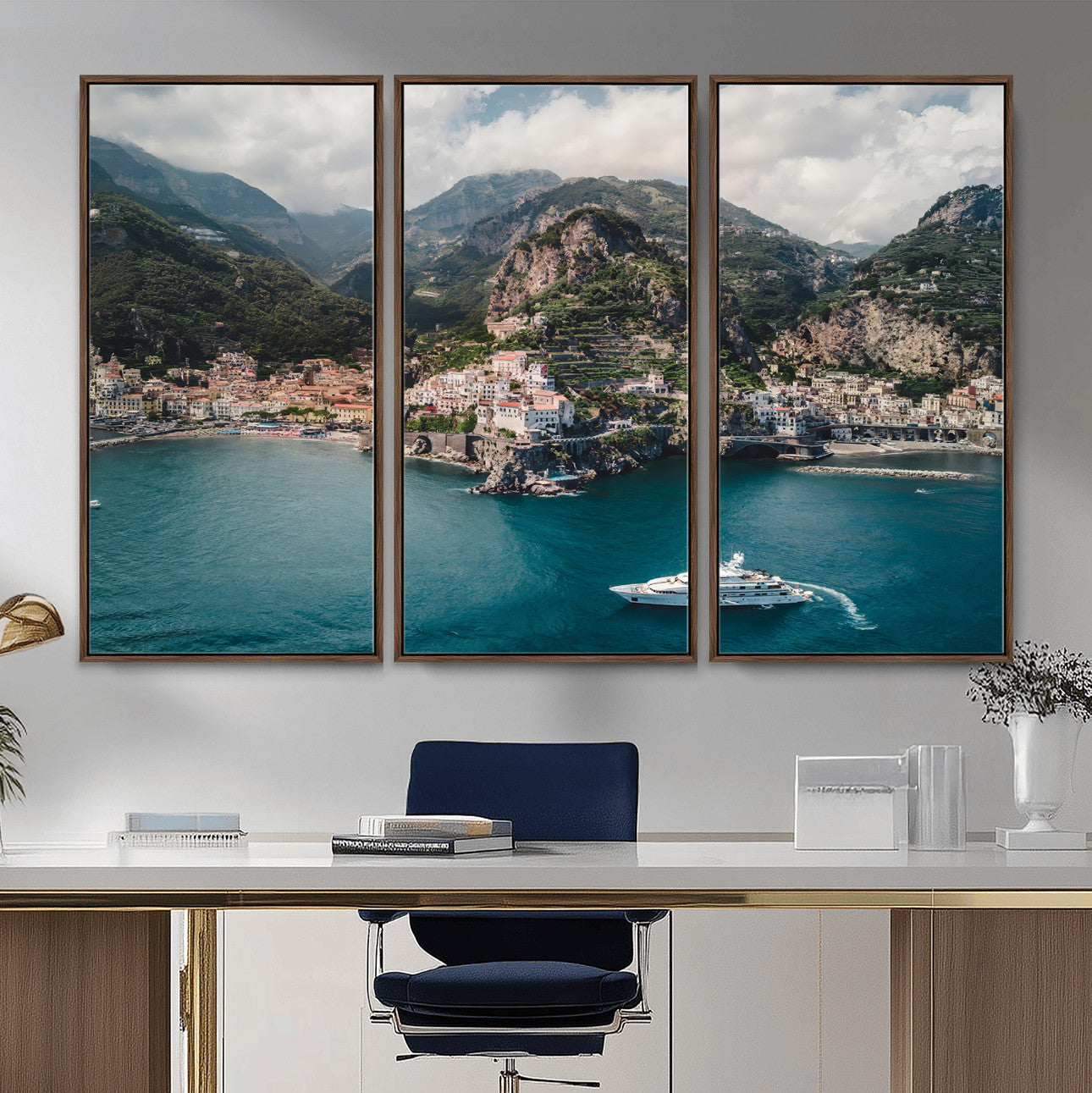 20321590-MGV-CV-36X24-Amalfi Coast Wall Art – Framed Italian Seaside Canvas Artwork, Mediterranean Landscape Design, Coastal Decor for Home, Office