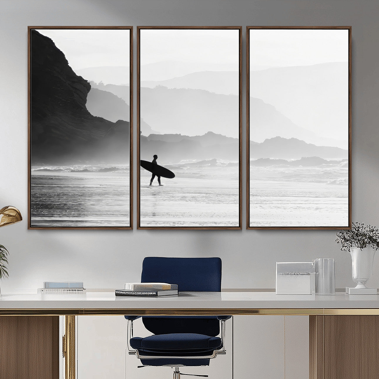69956934-MGV-CV-36X24-Surfer Beach Wall Art – Framed Black White Ocean Canvas Artwork, Misty Coastal Design, Minimal Surf Decor for Home, Office
