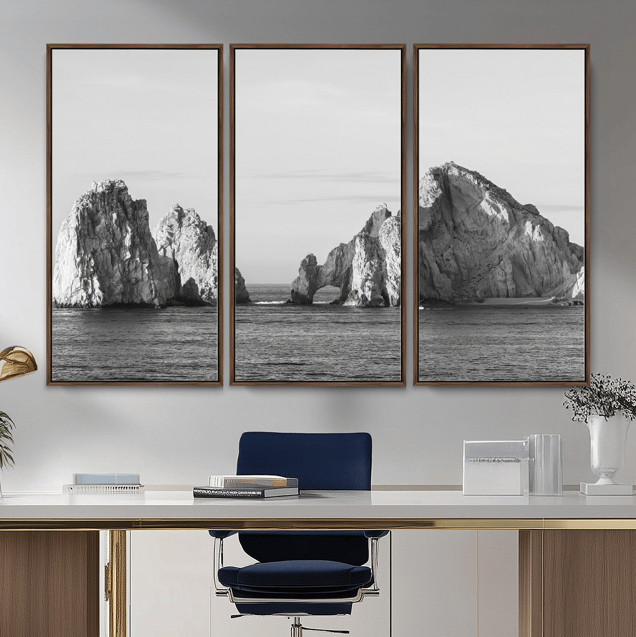 18810731-MGV-CV-36X24-Coastal Rock Arch Wall Art – Framed Black White Ocean Canvas Artwork, Natural Cliff Design, Minimal Decor for Home, Office