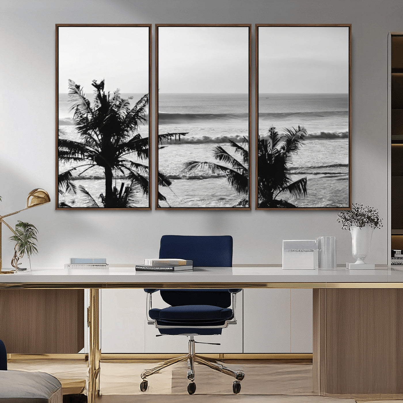 17508038-MGV-CV-36X24-Tropical Coastline Wall Art Canvas Print – Framed Palm Trees Scene with Ocean Waves Artwork for Home, Office