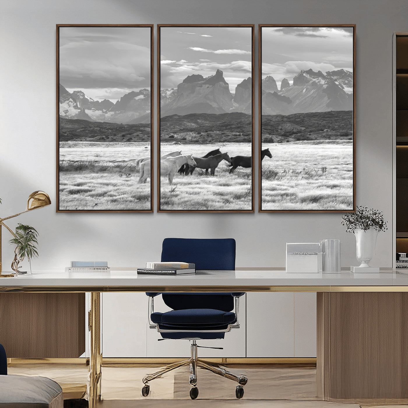MGV-FC-48X32-3P - Wild Horses Wall Art Canvas Print, Framed Black White Mountains Art Picture Print, Rustic Countryside Perfect Rustic Western Decor Artwork