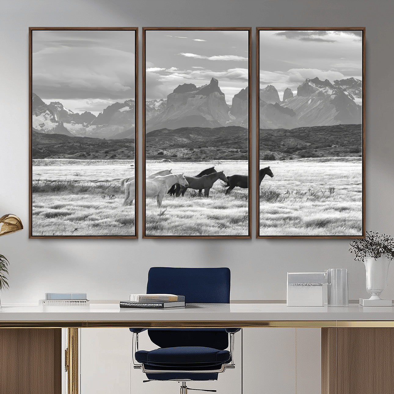 21655040-MGV-CV-36X24-Wild Horses Wall Art – Framed Black White Mountain Canvas Artwork, Rustic Countryside Design, Western Decor for Home, Office