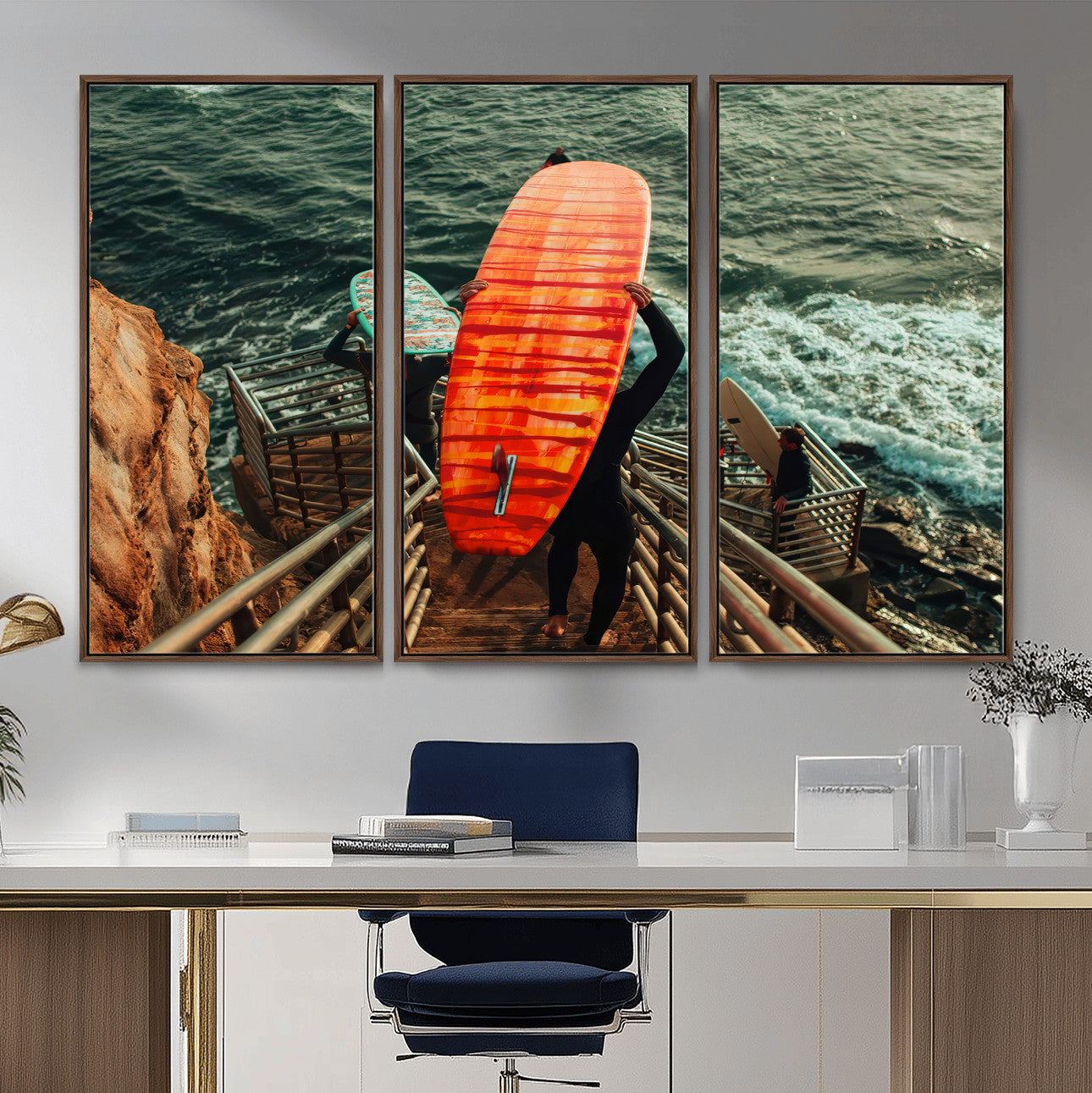 84555848-MGV-CV-36X24-Surfer Stairway Wall Art – Framed Ocean Surf Canvas Artwork, Sunset Coastal Design, Adventure Decor for Home, Office