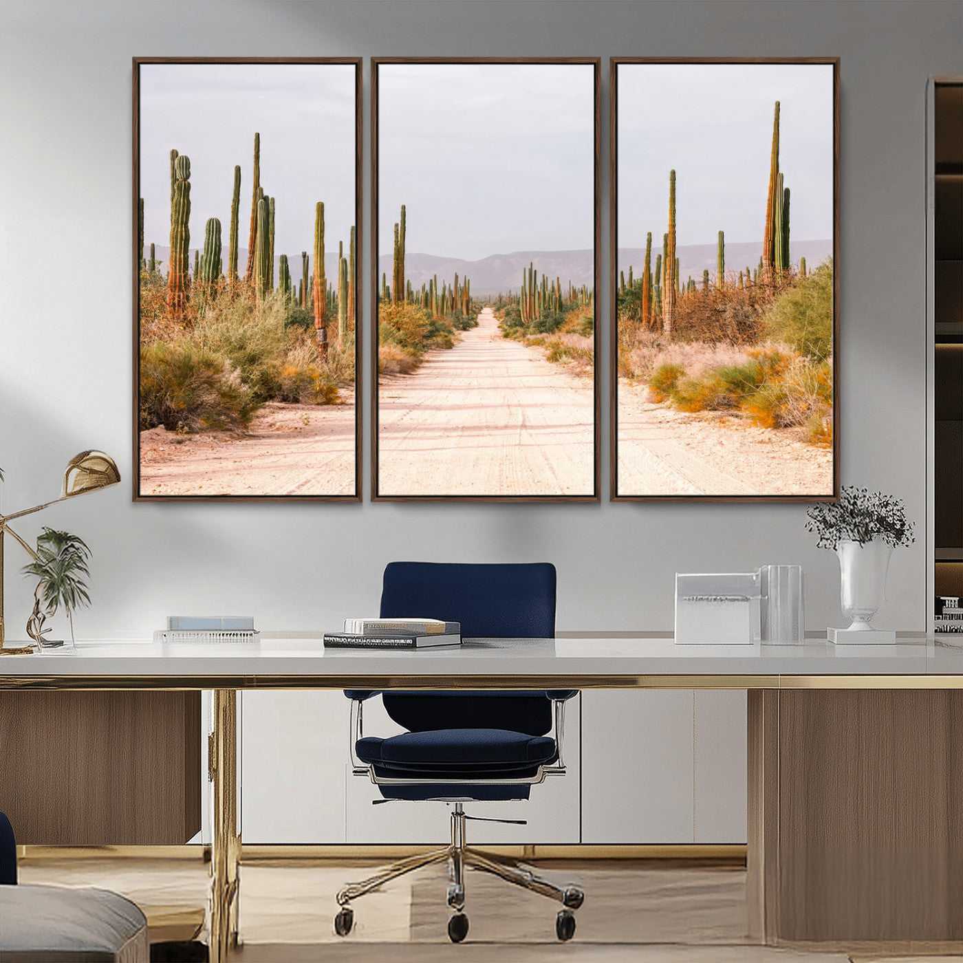 MGV-FC-48X32-3P - Desert Cactus Lined Road Wall Art Canvas Print, Framed Southwestern Landscape Art Picture Print, Bohemian Western Aesthetic Perfect Southwestern Boho Decor Artwork