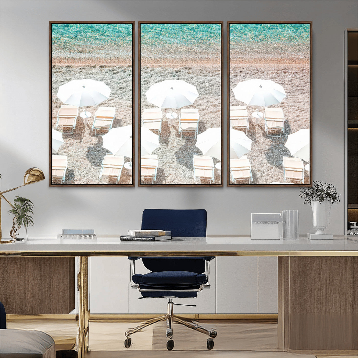 MGV-FC-48X32-3P - Calm Beach Wall Art Canvas Print, Framed Turquoise Water Art Picture Print, Umbrella Shoreline Perfect Coastal Minimalist Decor Artwork