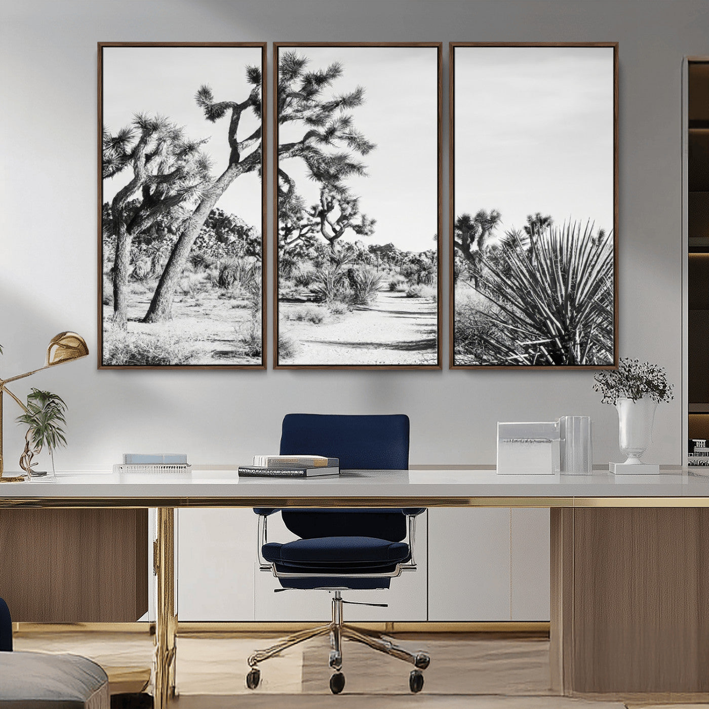 MGV-FC-48X32-3P - Joshua Tree Wall Art Canvas Print, Framed Desert Path Art Picture Print, Monochrome Desert Perfect Minimalist Desert Decor Artwork