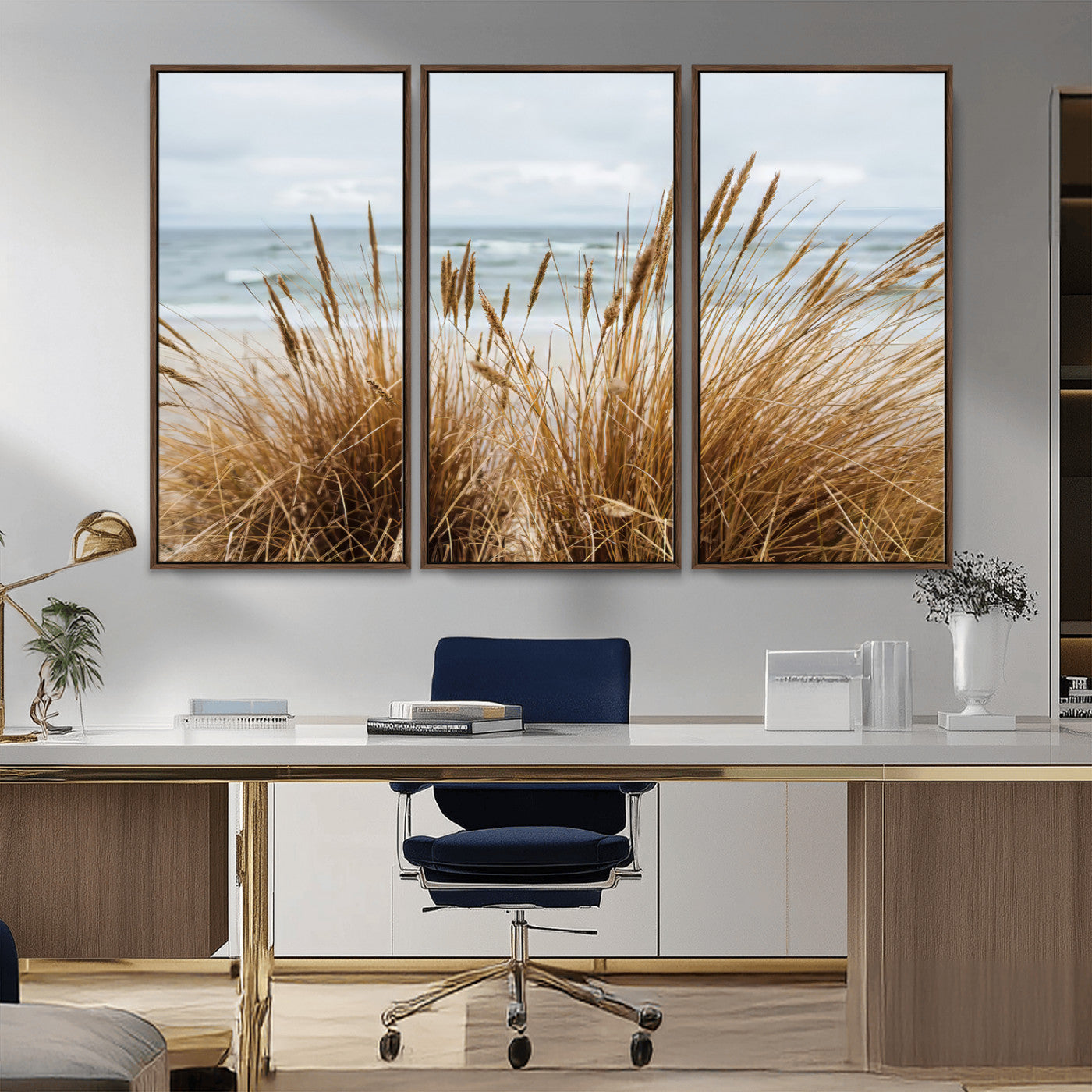 MGV-FC-48X32-3P - Beach Grass Wall Art Canvas Print, Framed Coastal Dunes Art Picture Print, Dune Grass Perfect Coastal Minimalist Decor Artwork