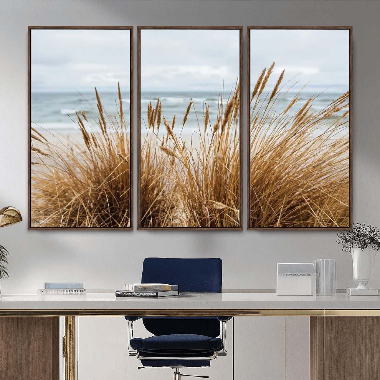 14270839-MGV-CV-36X24-Beach Grass Wall Art – Framed Coastal Dunes Canvas Artwork, Minimal Seaside Design, Modern Coastal Decor for Home, Office