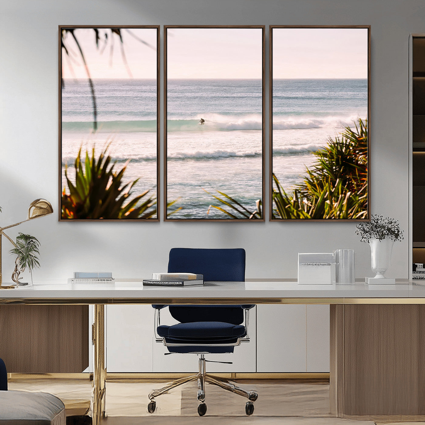 MGV-FC-48X32-3P - Ocean Surfer Wall Art Canvas Print, Framed Coastal Surf Art Picture Print, Tropical Beach Perfect Tropical Coastal Decor Artwork