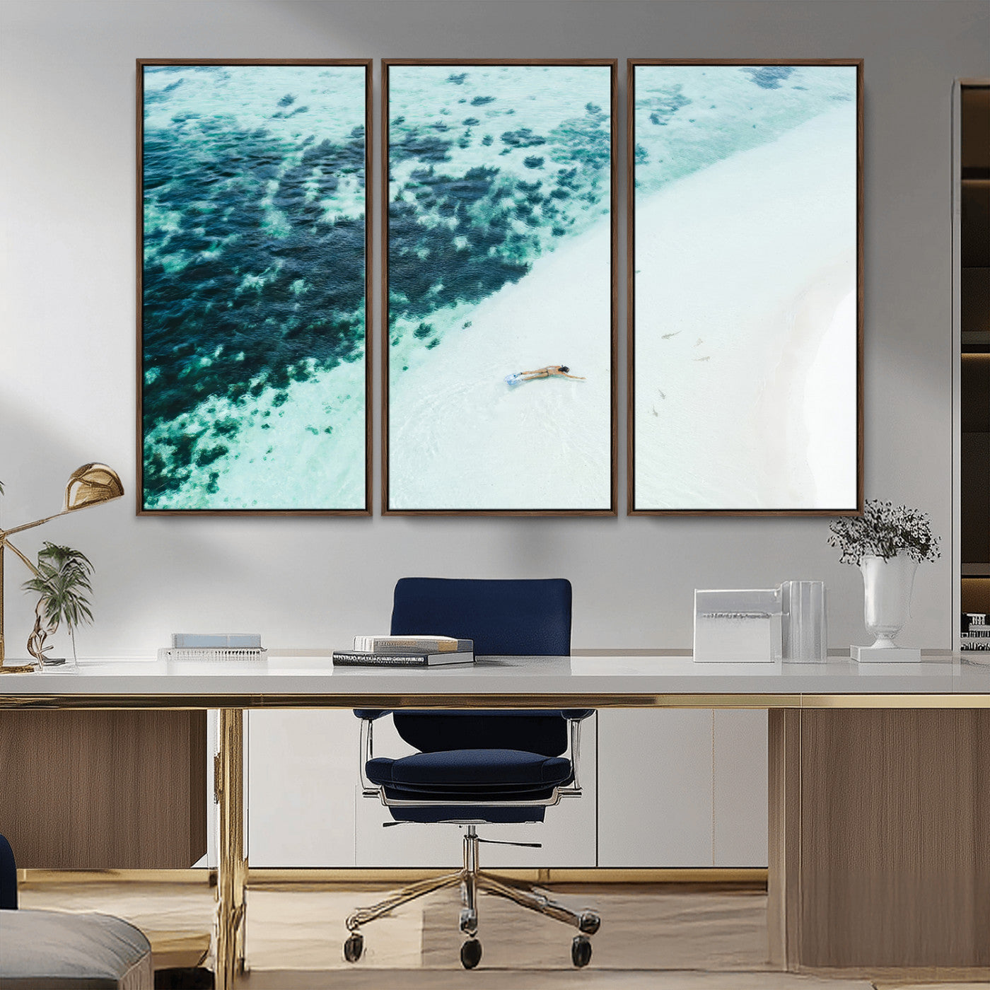 MGV-FC-48X32-3P - Minimal Beach Wall Art Canvas Print, Framed Ocean Swimming Art Picture Print, Clear Ocean Perfect Minimal Coastal Decor Artwork