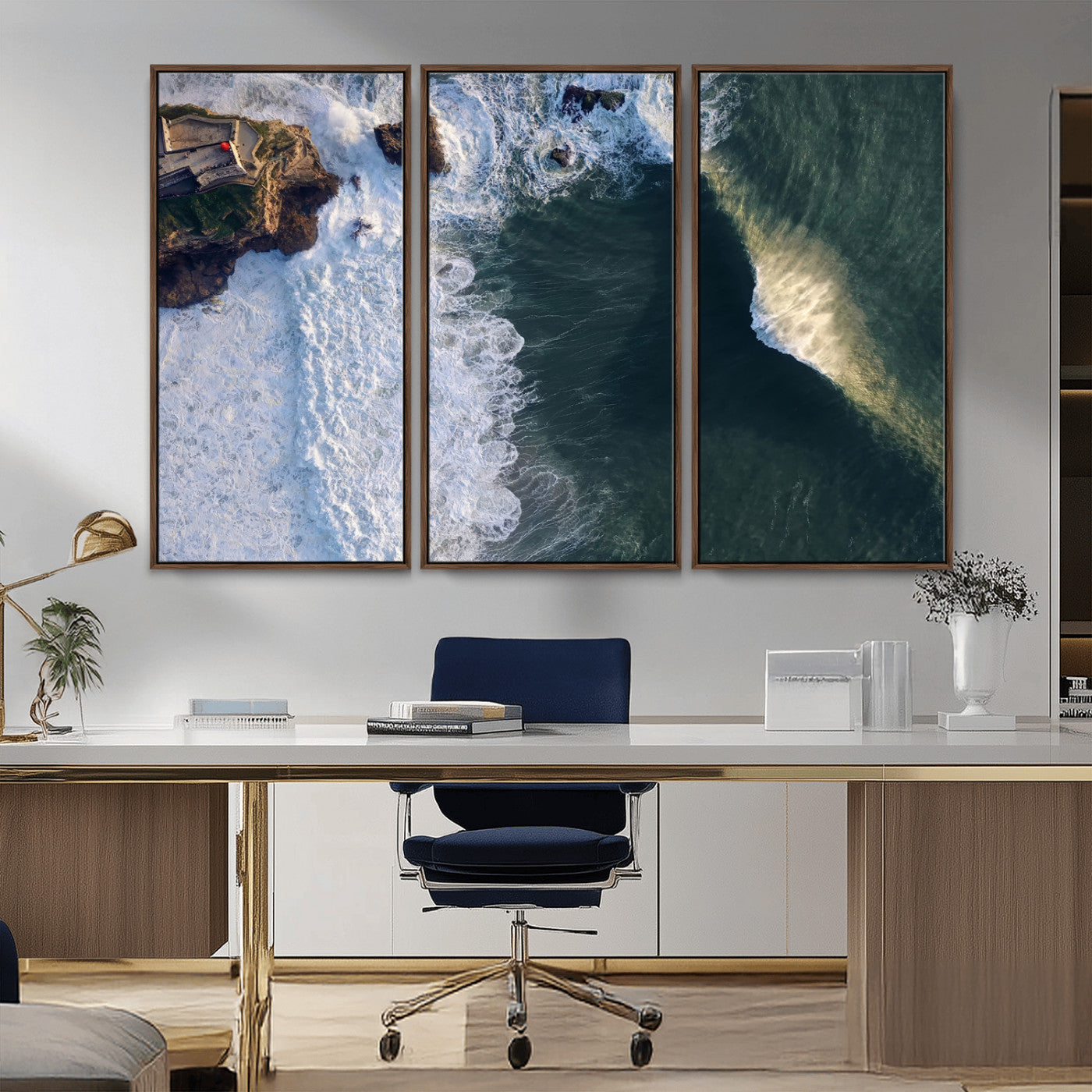 MGV-FC-48X32-3P - Nazaré Coast Wall Art Canvas Print, Framed Aerial Ocean Art Picture Print, Coastal Fortress Perfect Dramatic Coastal Decor Artwork