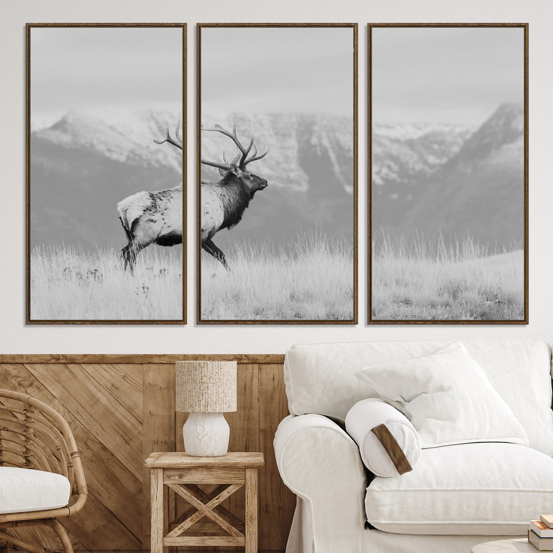 Rustic Elk Wall Art Canvas Print, Wildlife Antler Print, Framed Western Hunting Lodge Art Print, Large Mountain Nature Scene Printing Perfect for Japanese Decor