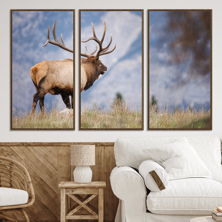 Rustic Elk Wall Art Canvas Print, Wildlife Antler Print, Framed Western Hunting Lodge Art Print