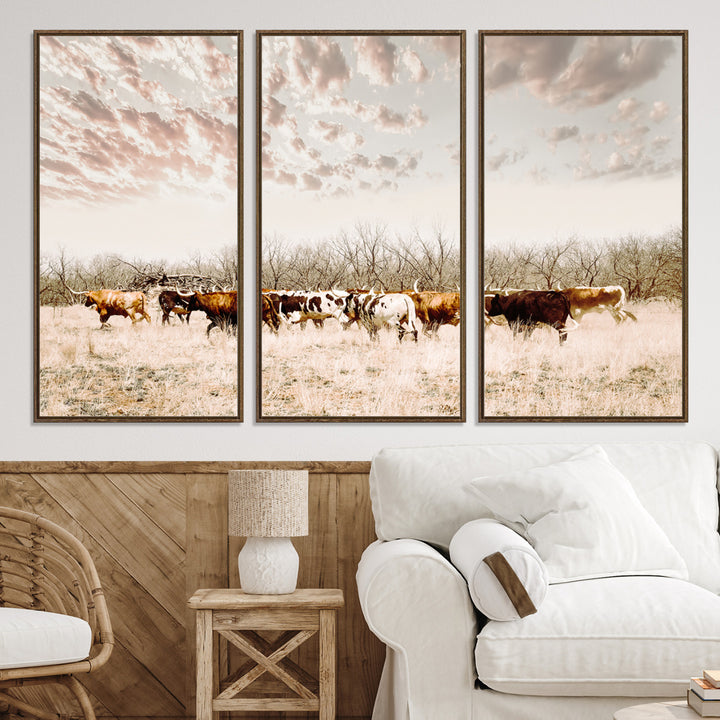 Longhorn Cattle Wall Art Canvas Print, Texas Ranch Print, Framed Western Cow Art Print, Large Prairie Landscape Printing Perfect for Western Decor