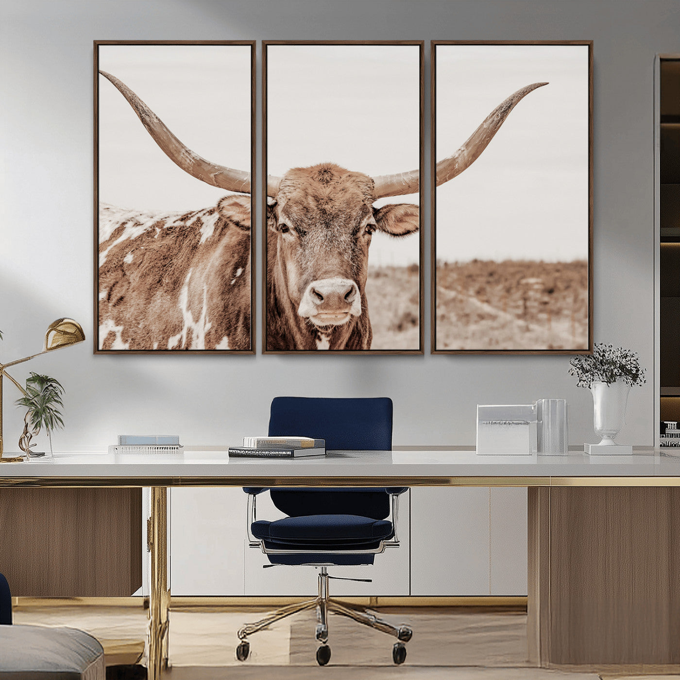MGV-FC-48X32-3P - Longhorn Cow Wall Art Canvas Print, Framed Texas Ranch Art Picture Print, Western Bull Perfect County Decor Artwork