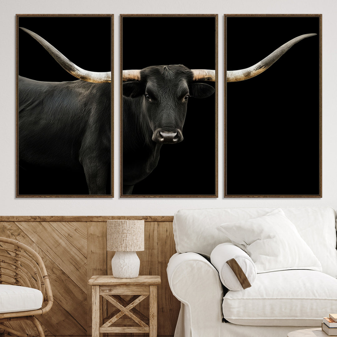 Black White Longhorn Bull Wall Art Canvas Print, Texas Ranch Print, Framed Western Cow Art Print for Farmhouse Decor - Longhorn Print