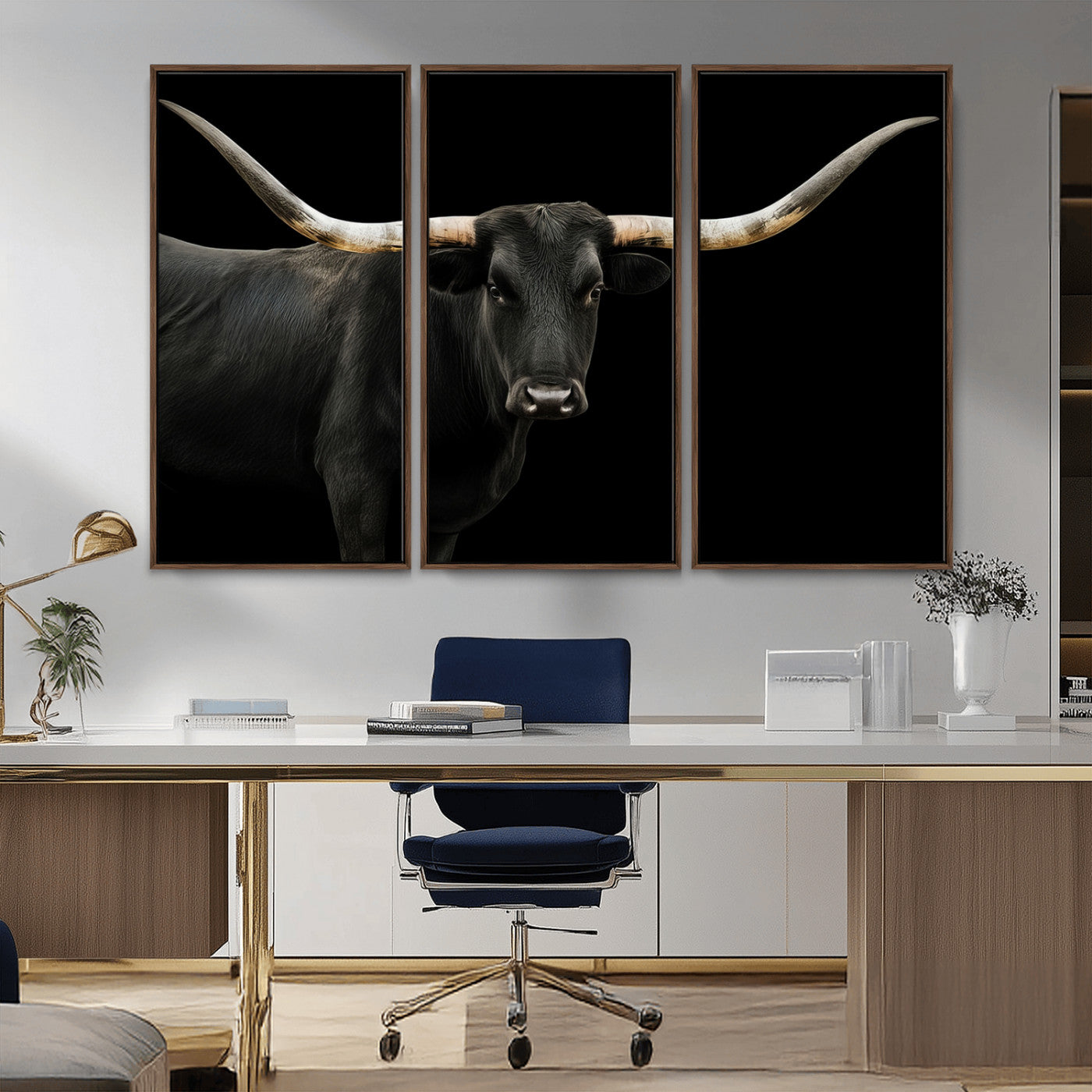 MGV-FC-48X32-3P - Longhorn Cattle Wall Art Canvas Print, Framed Texas Ranch Art Picture Print, Western Cow Perfect Farmhouse Decor Artwork