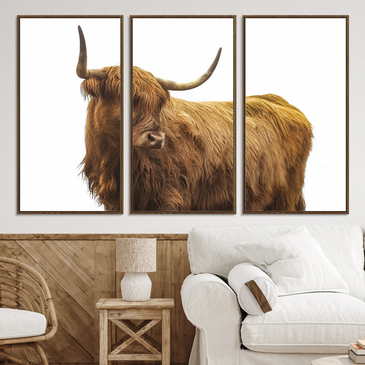 Highland Cow Wall Art Canvas Print, Scottish Bull Print, Framed Rustic Farmhouse Art Print, Large Country Animal Printing Perfect for Farmhouse Decor