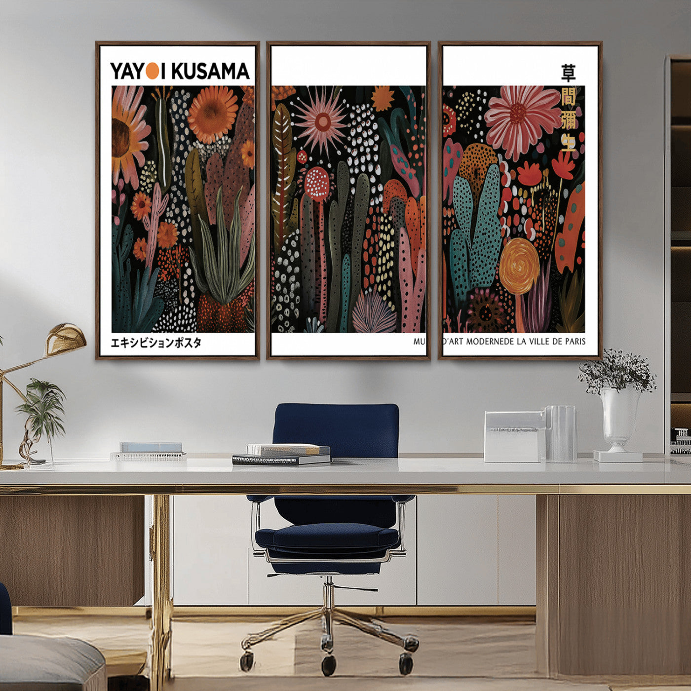 MGV-FC-48X32-3P - Modern Japanese Wall Art Print, Framed Yayoi Kusama Artwork, Abstract Mount Fuji Canvas Print,