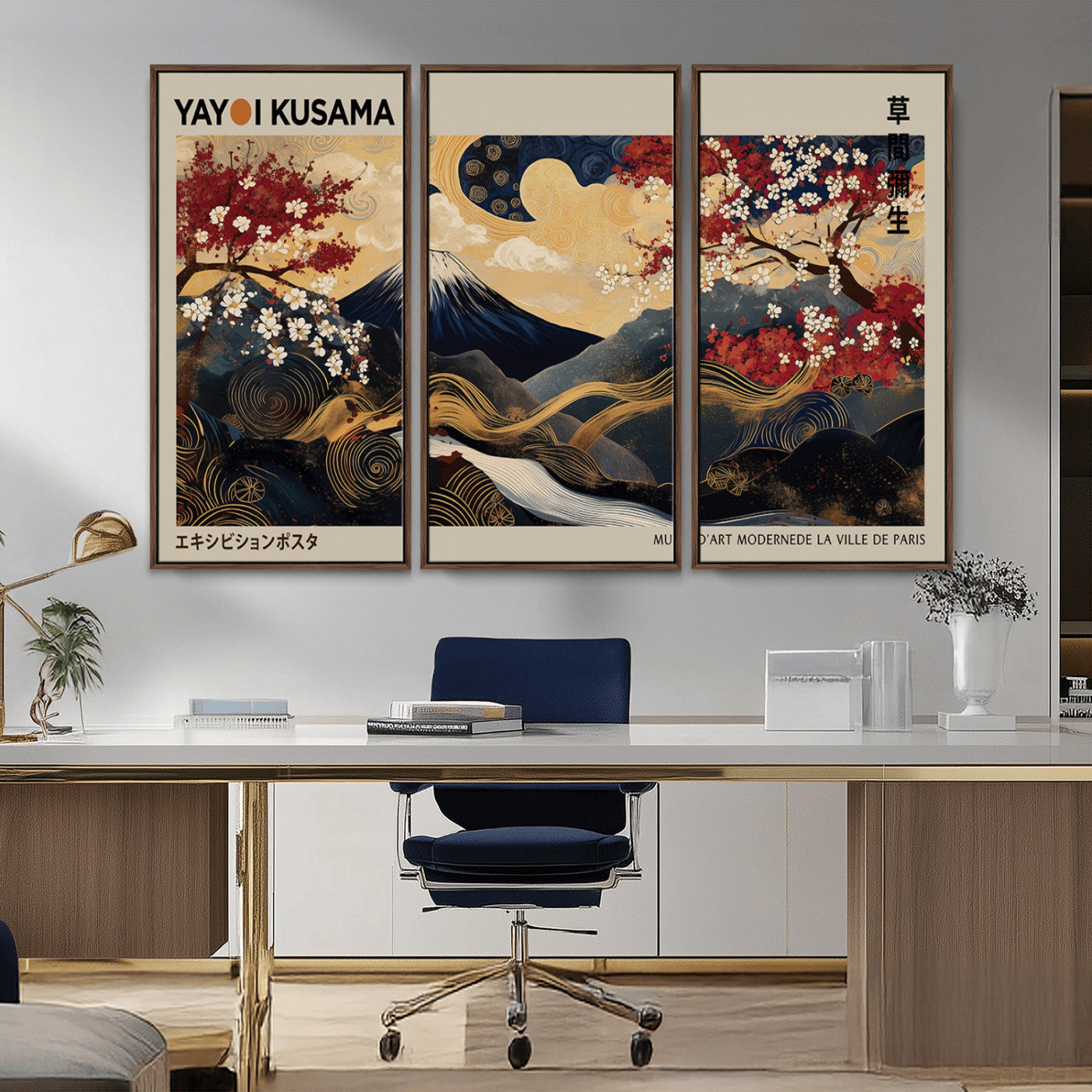 MGV-FC-48X32-3P - Modern Japanese Wall Art, Yayoi Kusama Japanese Print Wall Art, Abstract Mount Fuji Canvas Print,