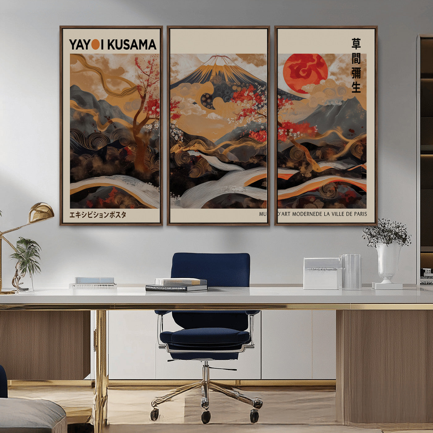 MGV-FC-48X32-3P - Modern Japanese Wall Art Print Yayoi Kusama Canvas Wall Art Abstract Mount Fuji Canvas Print